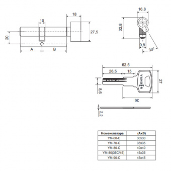 Цилиндровый механизм Vanger YM-90-C-CR - 15221_2